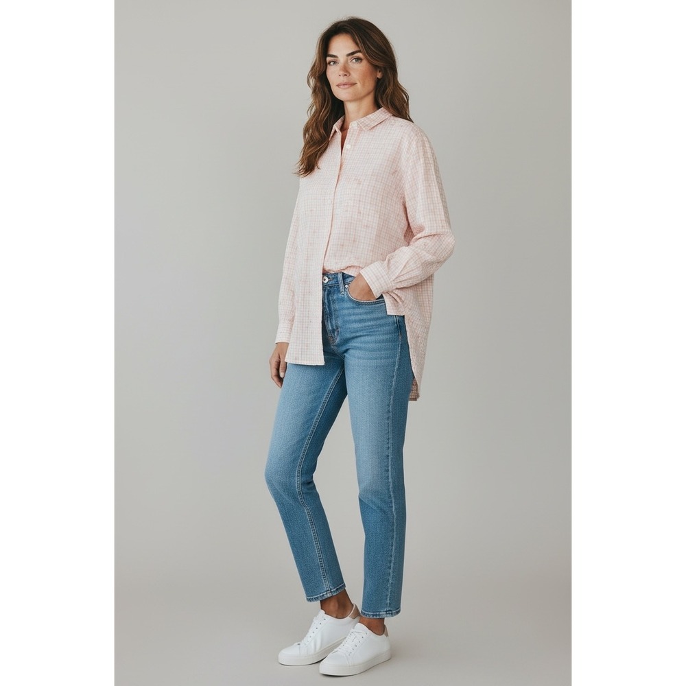 Cascade Blues Womens 2X Peach White Gingham Cotton Dobby Button Down Shirt